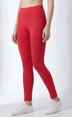 Red Cotton Stretch Ankle Length Legging