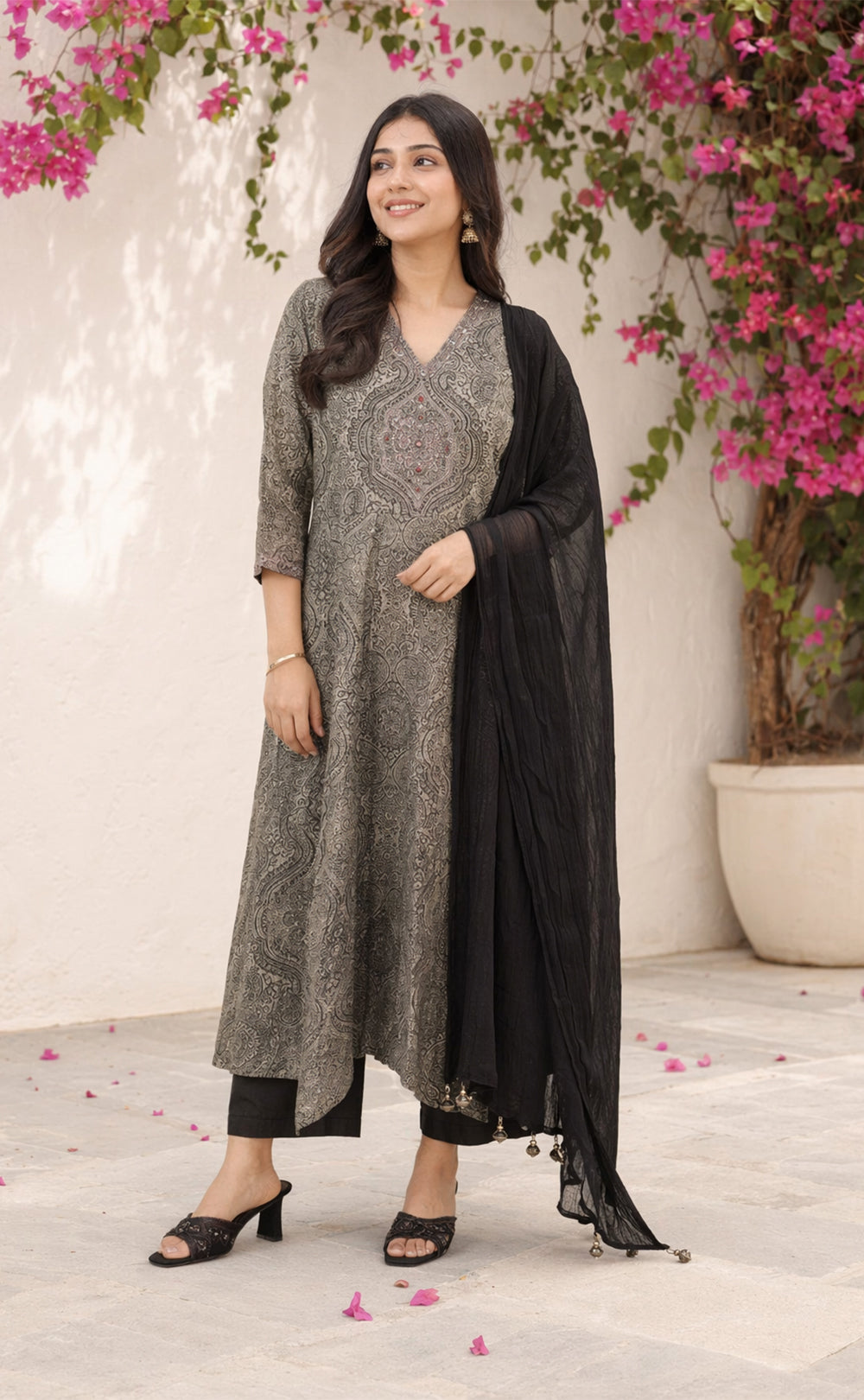 Black Cotton All-Over Printed Kurti Set