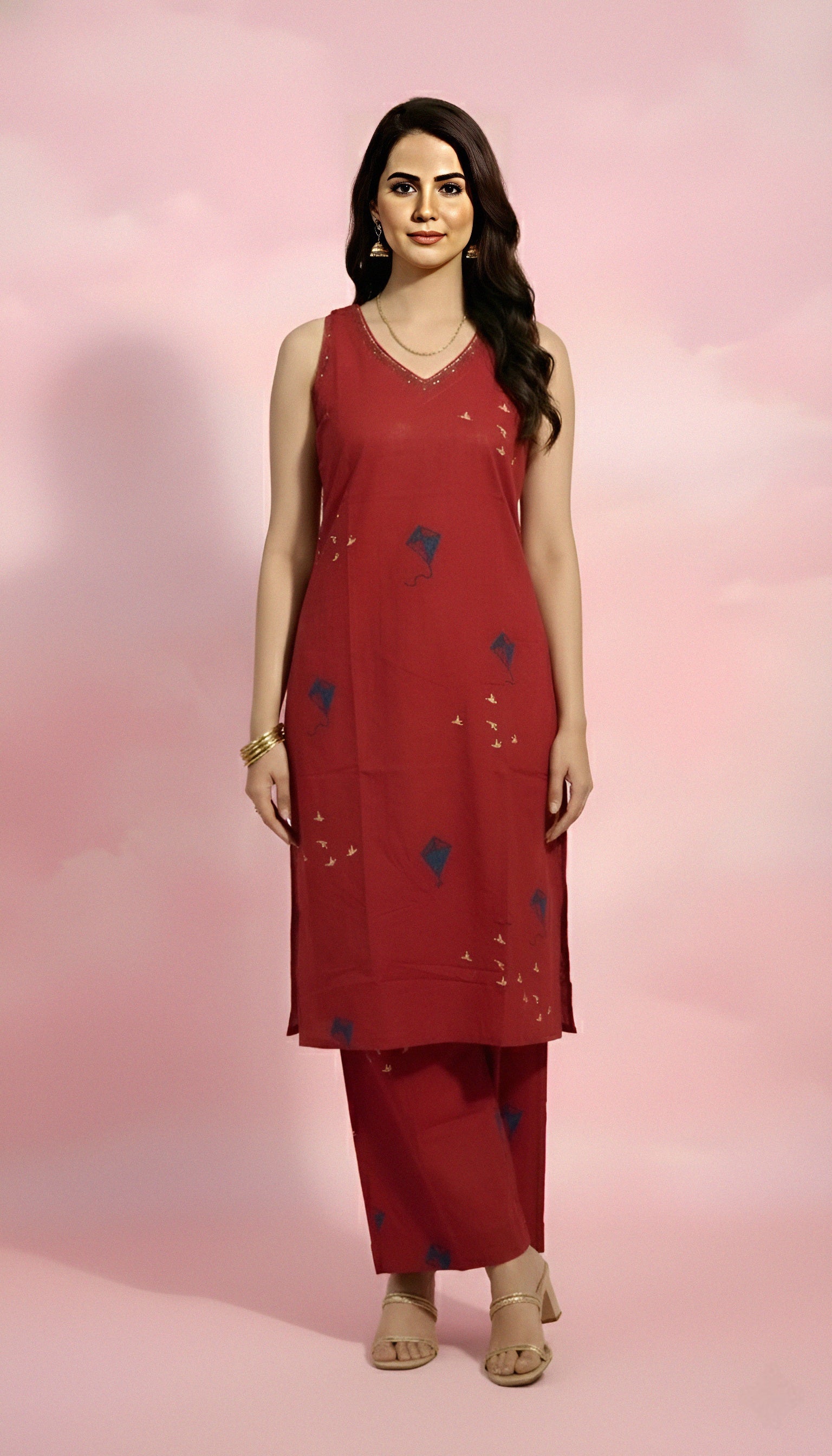 V-Neck Red Co-ord Set