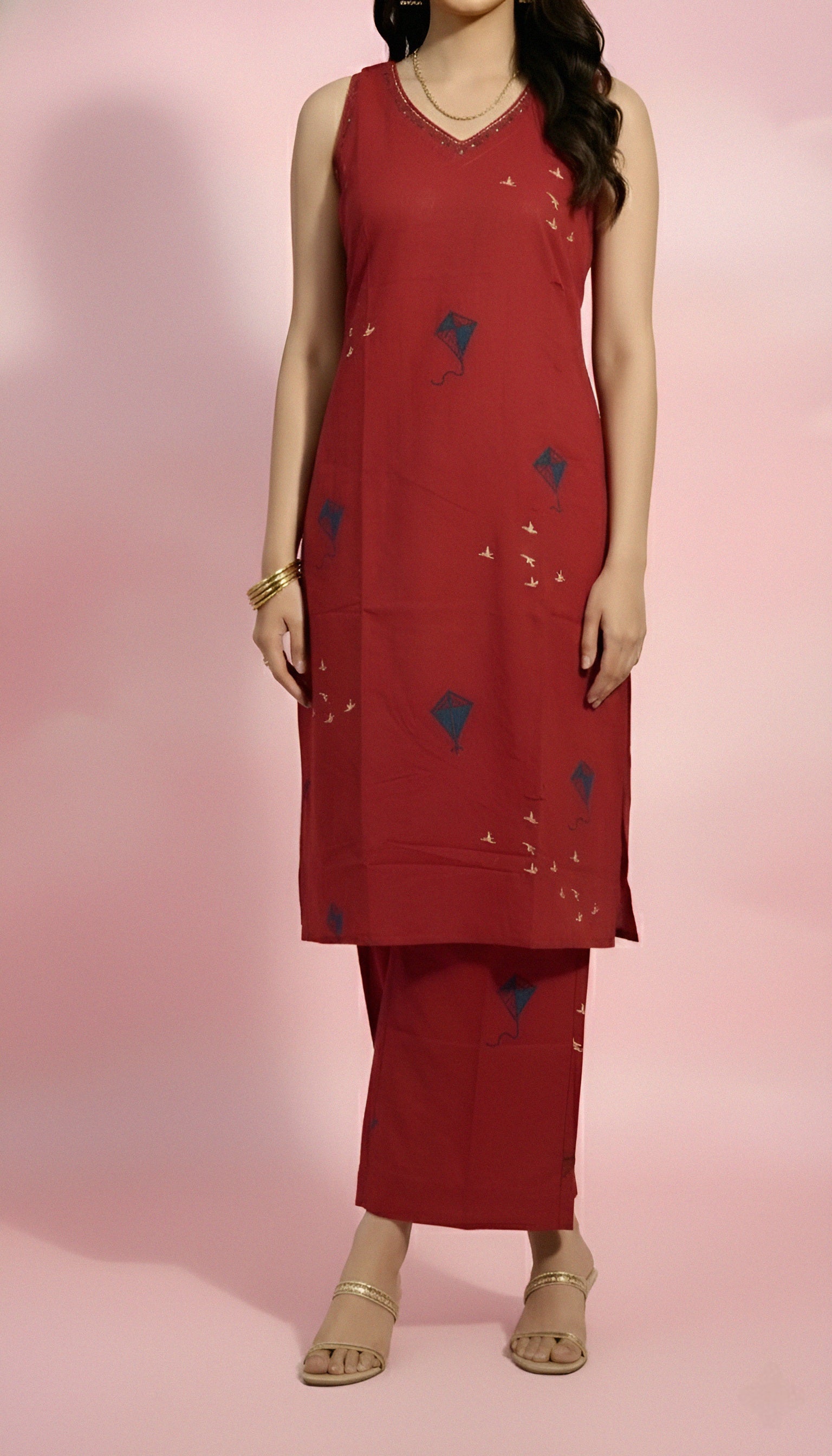 V-Neck Red Co-ord Set