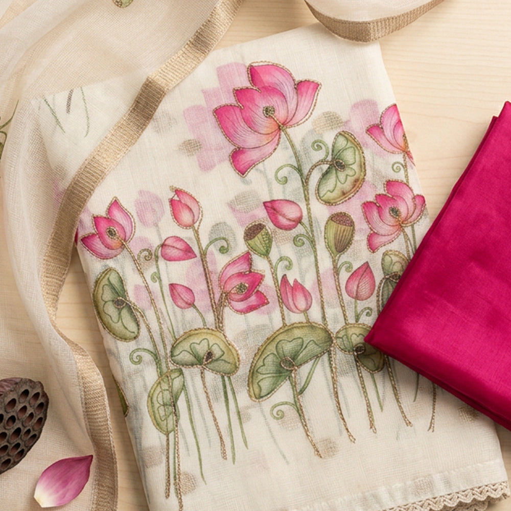 White Kota Cotton All-Over Lotus Printed Unstitched Dress Materials