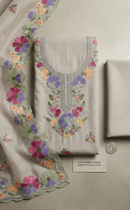 Coffee Roman Silk Thread Embroidery Un-Stitched Dress Material