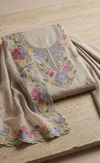 Coffee Roman Silk Thread Embroidery Un-Stitched Dress Material