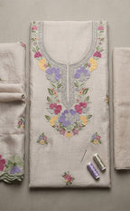 Coffee Roman Silk Thread Embroidery Un-Stitched Dress Material