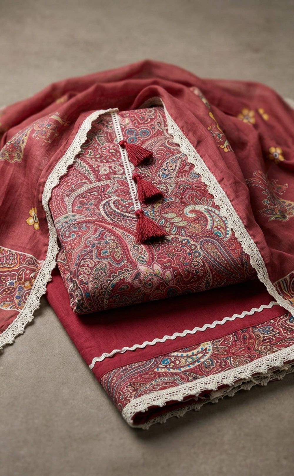 Maroon rayon Kalamkari Printed Un-Stitched Dress Material