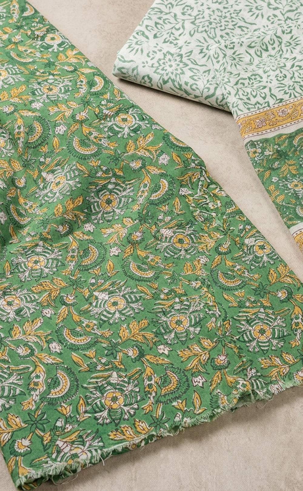 Green Cotton Hand Block Floral Printed Un-Stitched Dress Material
