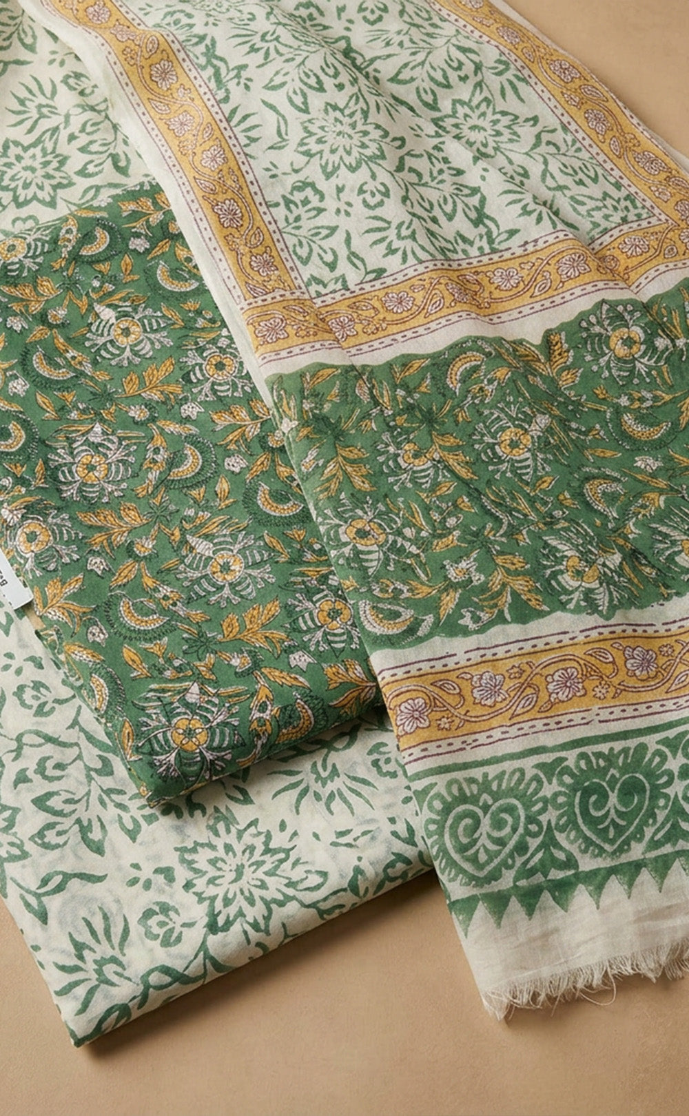 Green Cotton Hand Block Floral Printed Un-Stitched Dress Material