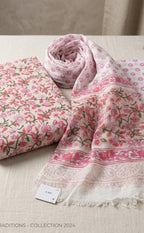 Baby Pink Cotton Hand Block Floral Printed Un-Stitched Dress Material