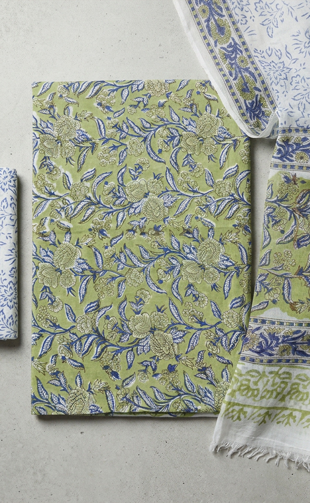 Parrot Green Cotton Hand Block Floral Printed Un-Stitched Dress Material
