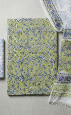Parrot Green Cotton Hand Block Floral Printed Un-Stitched Dress Material