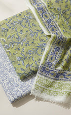 Parrot Green Cotton Hand Block Floral Printed Un-Stitched Dress Material