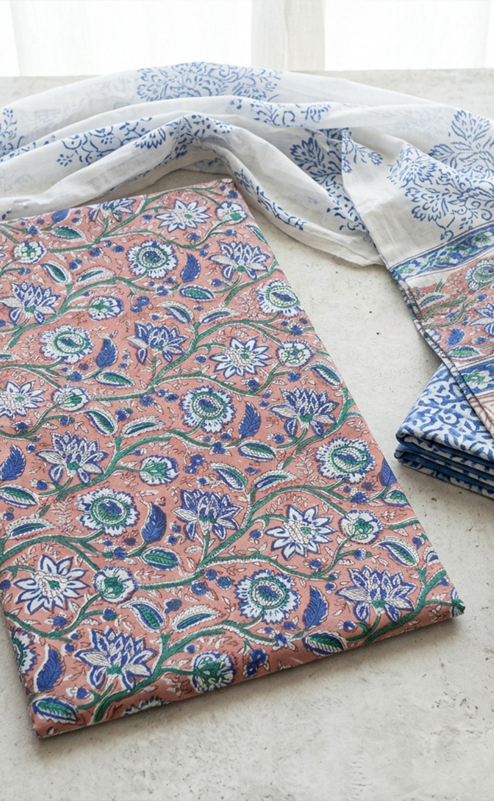 Coffee Cotton Hand Block Floral Printed Un-Stitched Dress Material