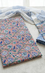 Coffee Cotton Hand Block Floral Printed Un-Stitched Dress Material