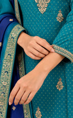 Rama Blue Dola Silk Golden Zari Work Kurti Set