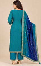 Rama Blue Dola Silk Golden Zari Work Kurti Set