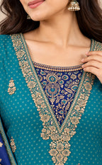 Rama Blue Dola Silk Golden Zari Work Kurti Set