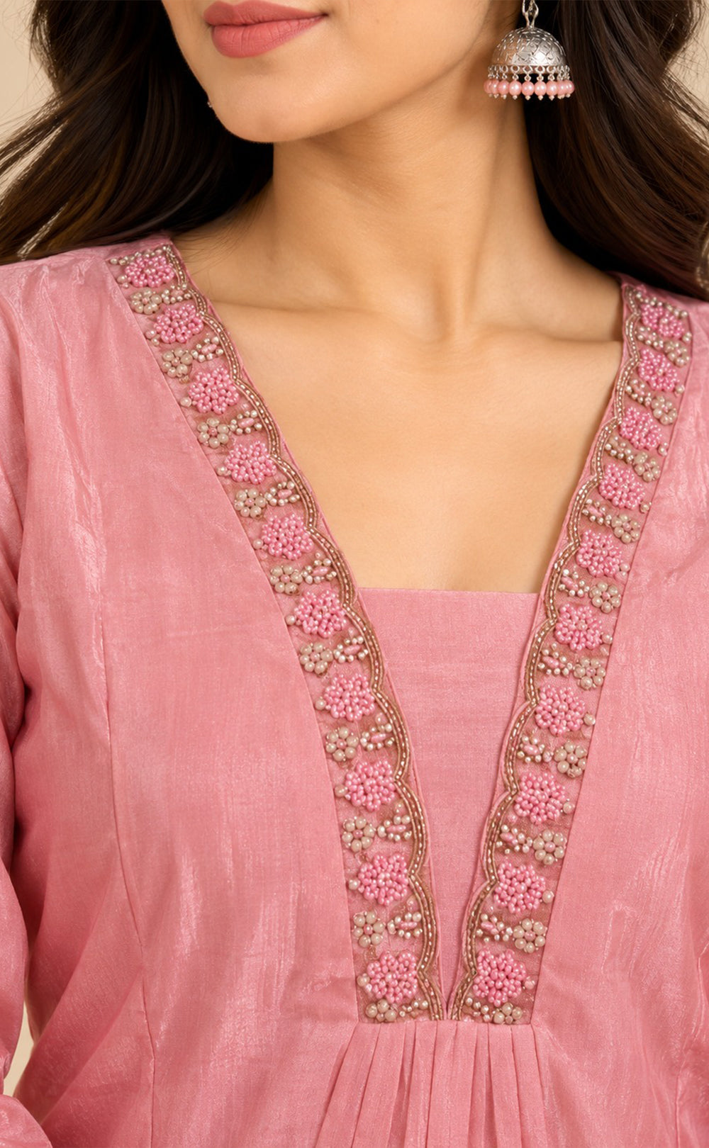 Pink Tissue Beats Work Kurti Set