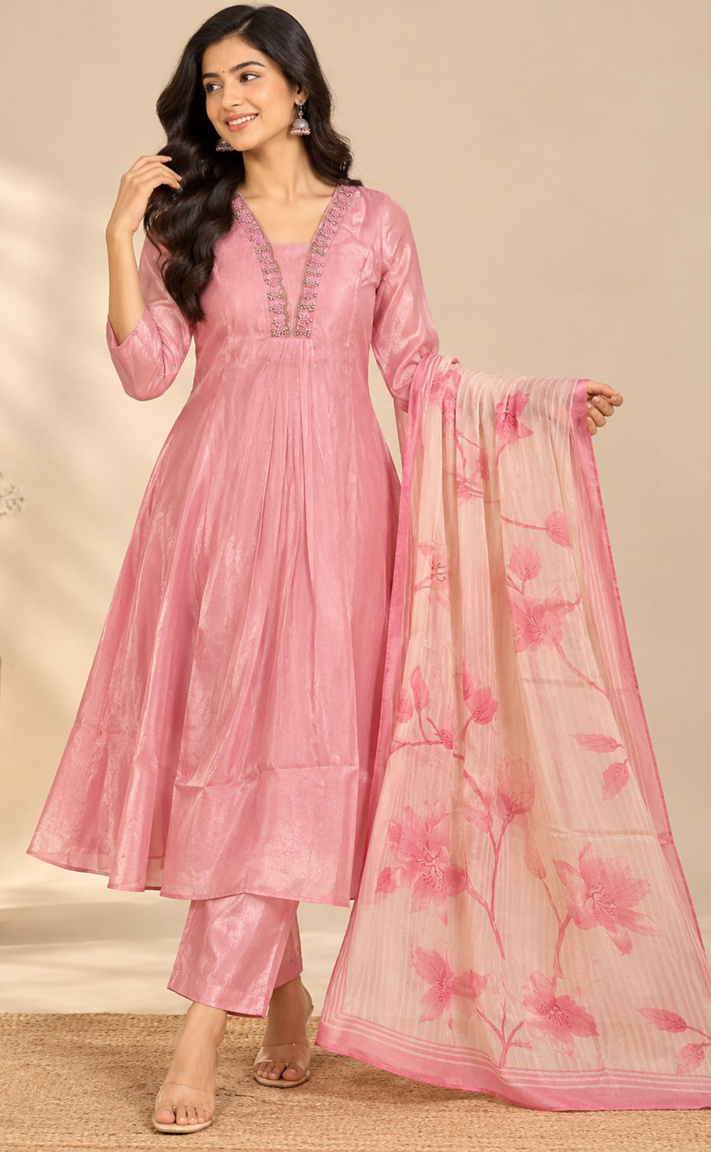 Pink Tissue Beats Work Kurti Set