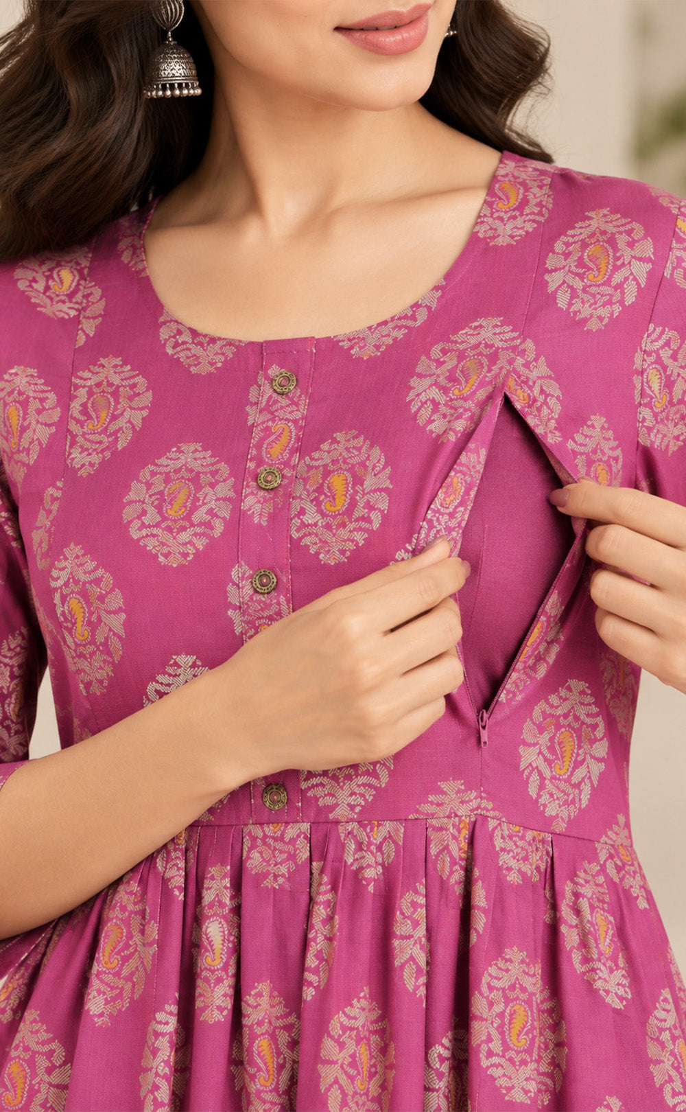 Pink Cotton Floral Printed Feeding Kurti