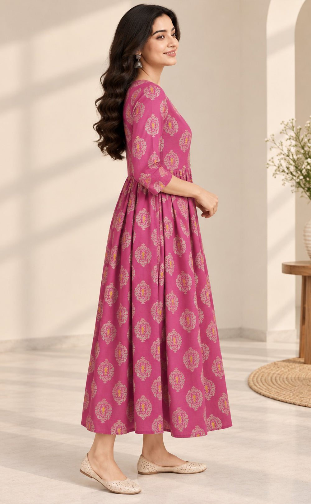 Pink Cotton Floral Printed Feeding Kurti