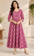 Pink Cotton Floral Printed Feeding Kurti