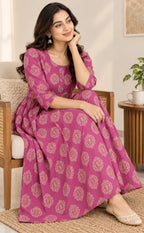 Pink Cotton Floral Printed Feeding Kurti
