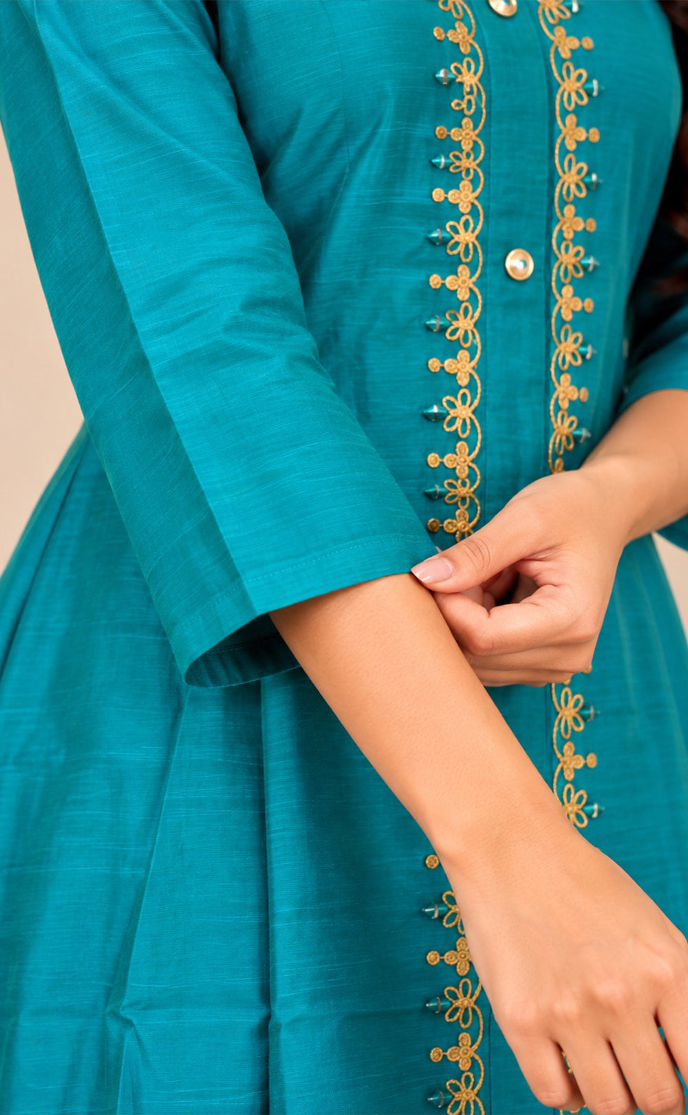 Rama Blue Chanderi Thread Embroidery Flare Kurti