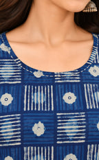 Indigo Blue Cotton Checks Pattern Kurti Gown