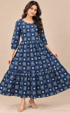 Indigo Blue Cotton Checks Pattern Kurti Gown