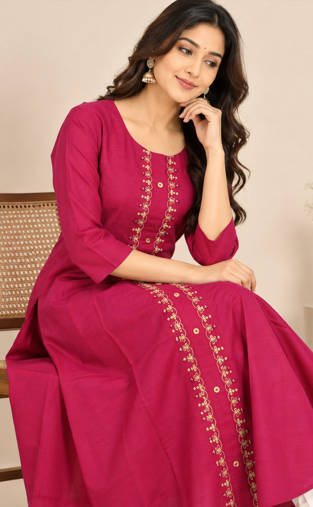 Rani Pink Chanderi Thread Embroidery Flare Kurti