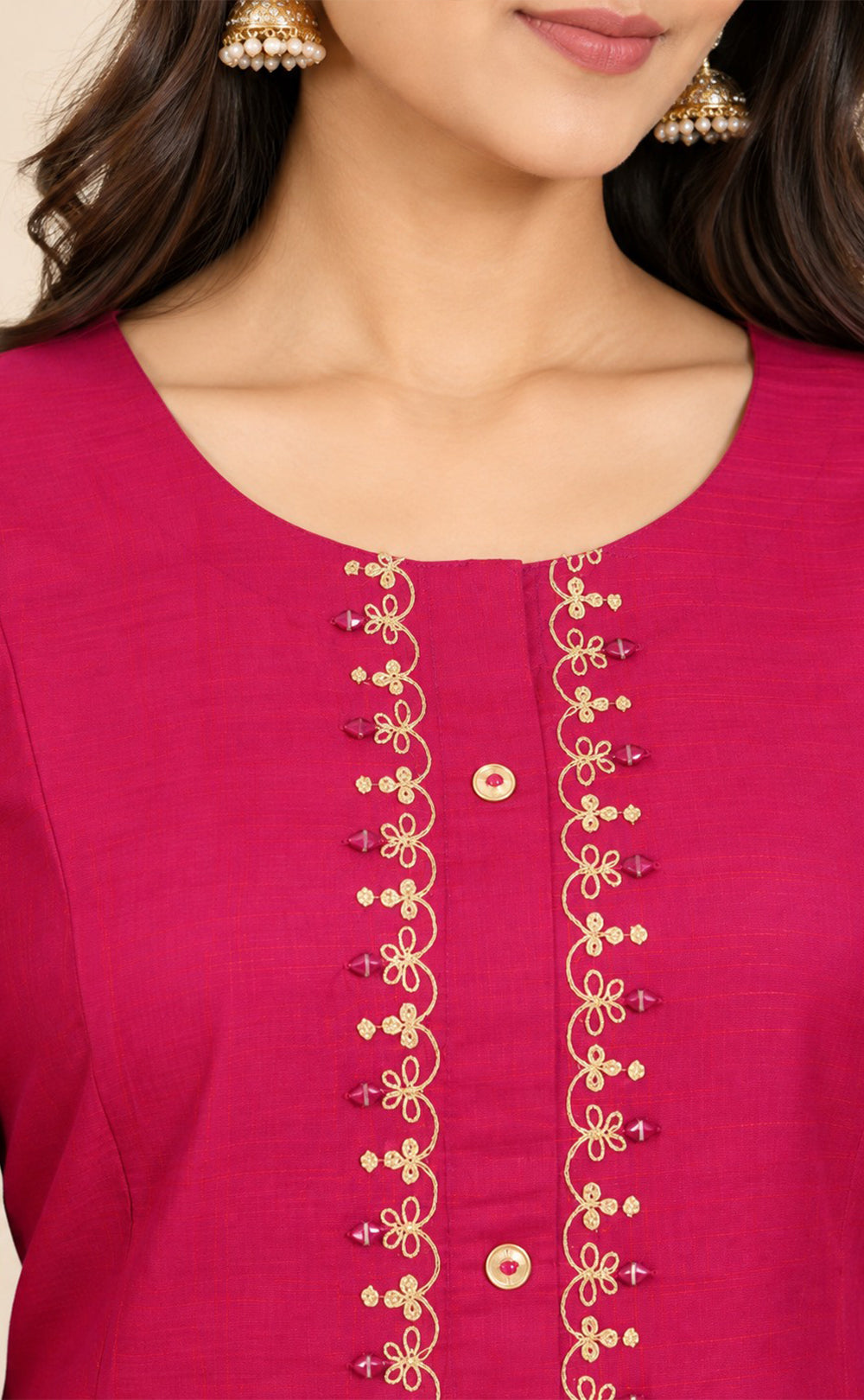Rani Pink Chanderi Thread Embroidery Flare Kurti