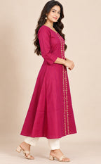 Rani Pink Chanderi Thread Embroidery Flare Kurti