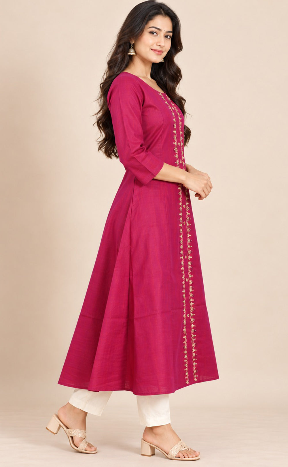 Rani Pink Chanderi Thread Embroidery Flare Kurti