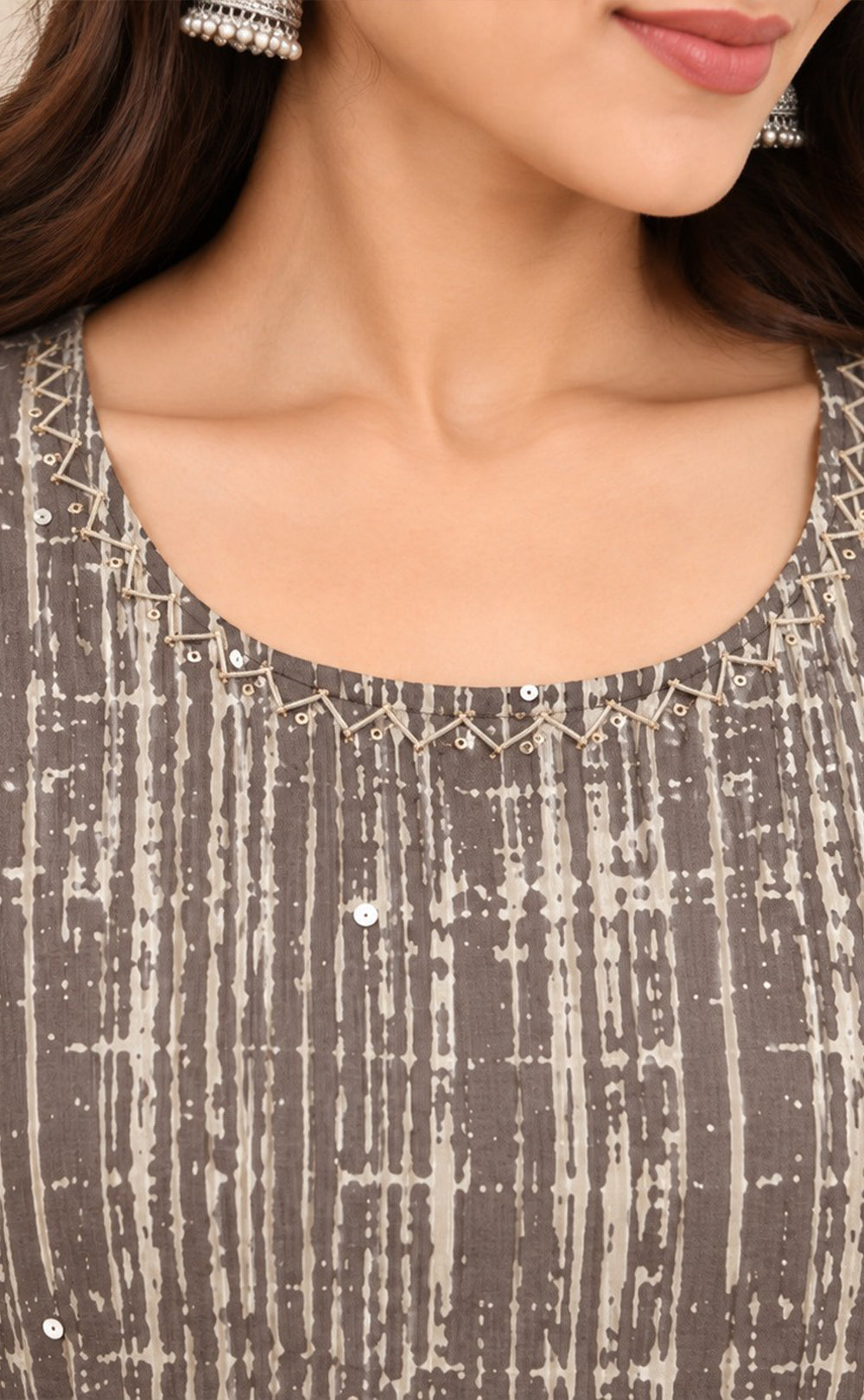 Grey With Cream Cotton All-Over Floral Printed Flare Kurti