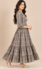Grey With Cream Cotton All-Over Floral Printed Flare Kurti