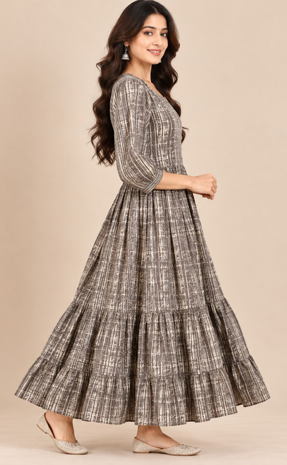 Grey With Cream Cotton All-Over Floral Printed Flare Kurti