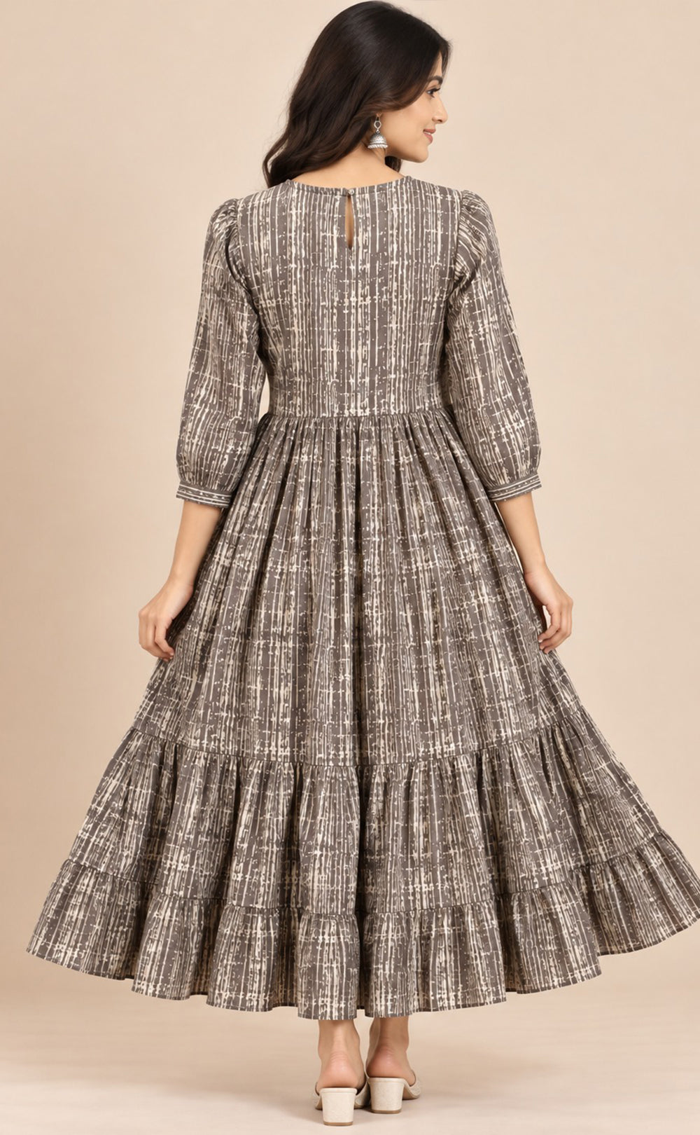 Grey With Cream Cotton All-Over Floral Printed Flare Kurti
