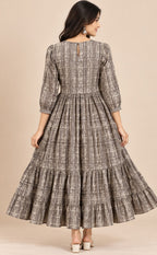 Grey With Cream Cotton All-Over Floral Printed Flare Kurti