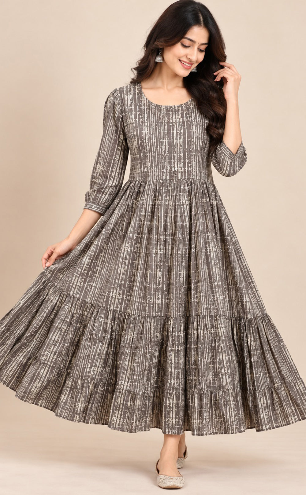 Grey With Cream Cotton All-Over Floral Printed Flare Kurti