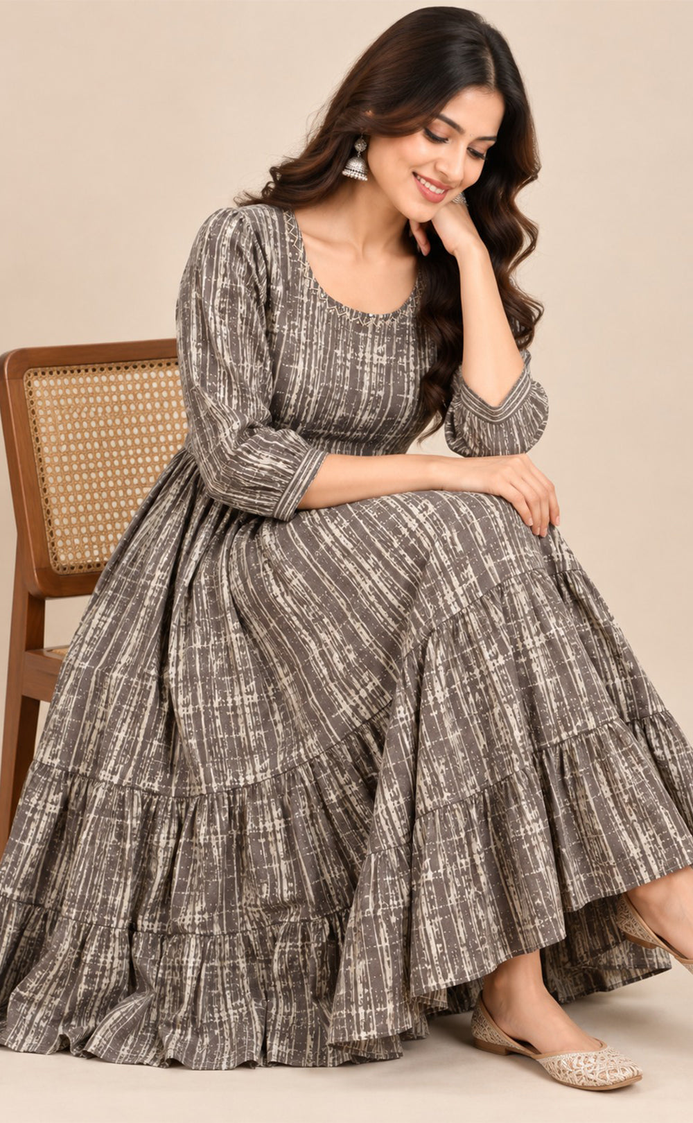Grey With Cream Cotton All-Over Floral Printed Flare Kurti