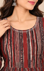 Maroon With Black Cotton All-Over Printed Flare Kurti