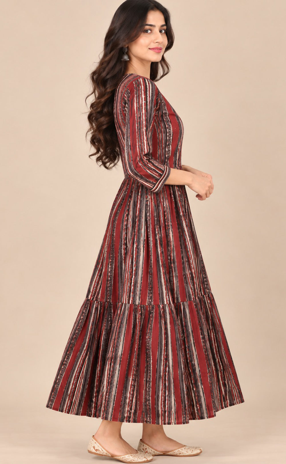 Maroon With Black Cotton All-Over Printed Flare Kurti