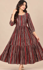Maroon With Black Cotton All-Over Printed Flare Kurti