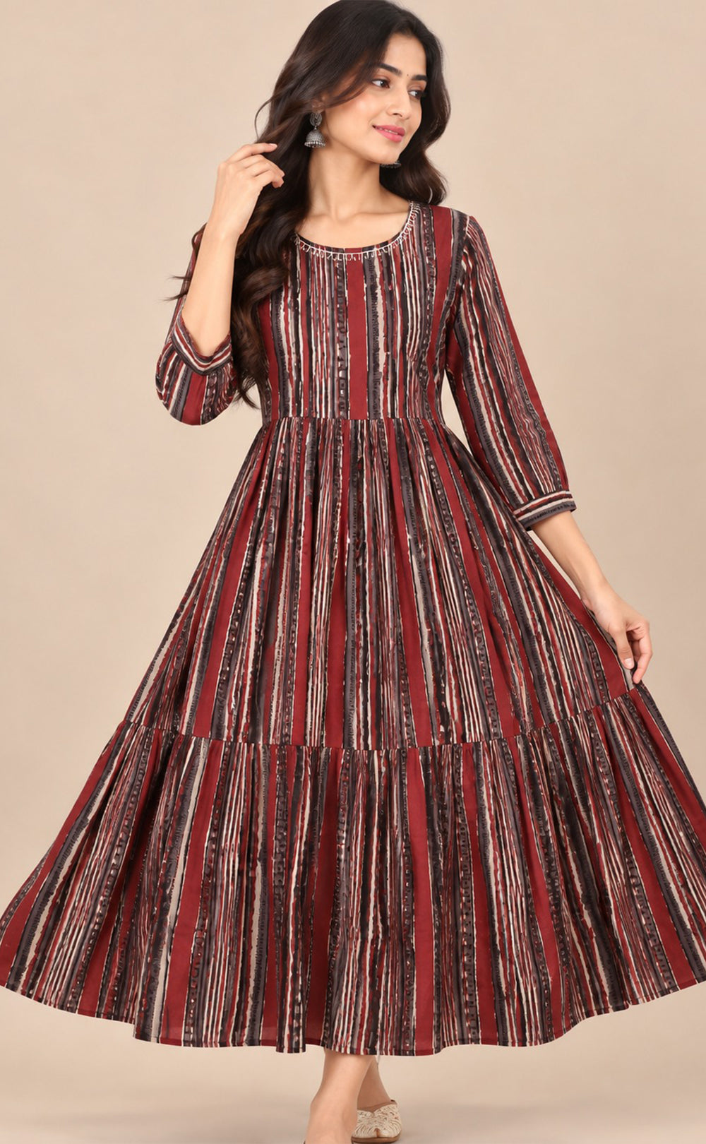 Maroon With Black Cotton All-Over Printed Flare Kurti