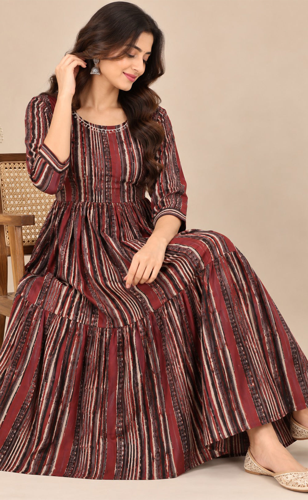 Maroon With Black Cotton All-Over Printed Flare Kurti