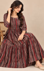 Maroon With Black Cotton All-Over Printed Flare Kurti