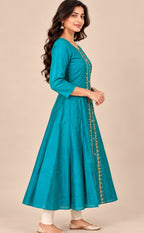 Rama Blue Chanderi Thread Embroidery Flare Kurti