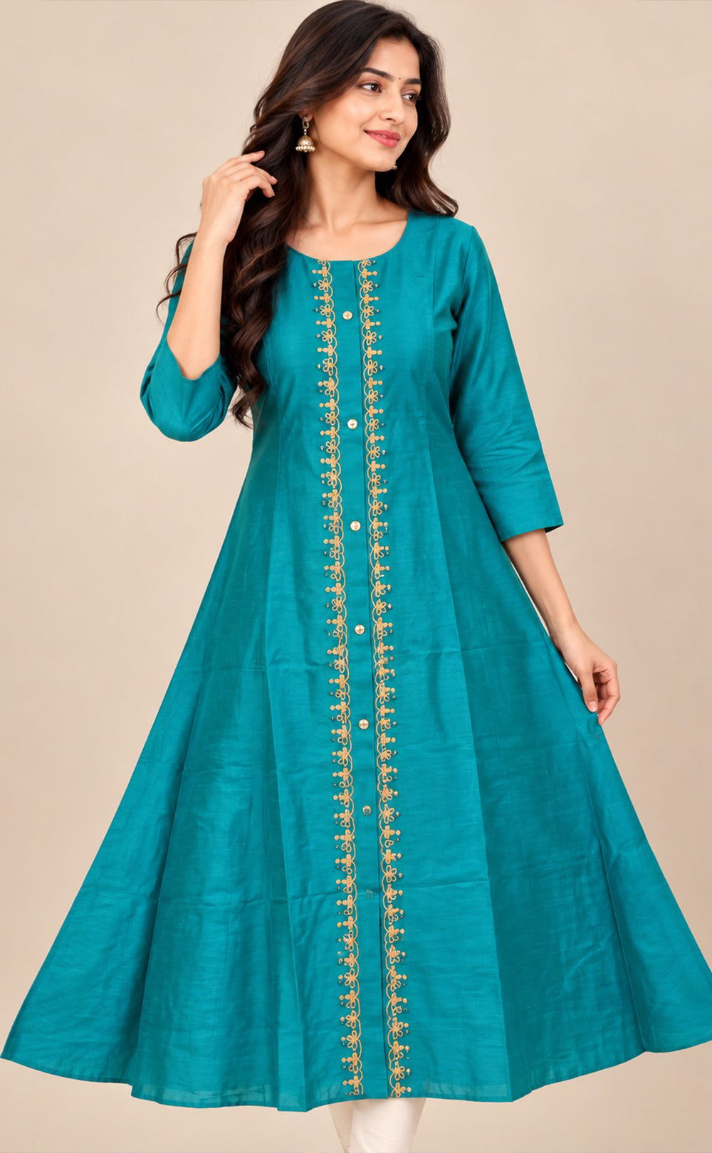 Rama Blue Chanderi Thread Embroidery Flare Kurti