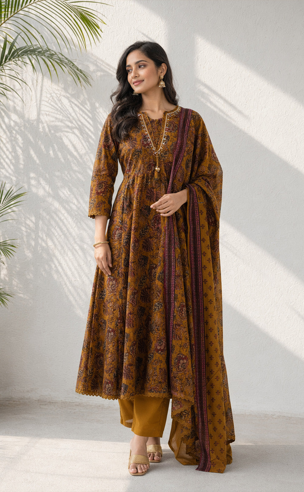 Mustard Yellow Cotton All-Over Kalamkari Printed Kurti Set