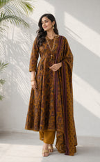 Mustard Yellow Cotton All-Over Kalamkari Printed Kurti Set